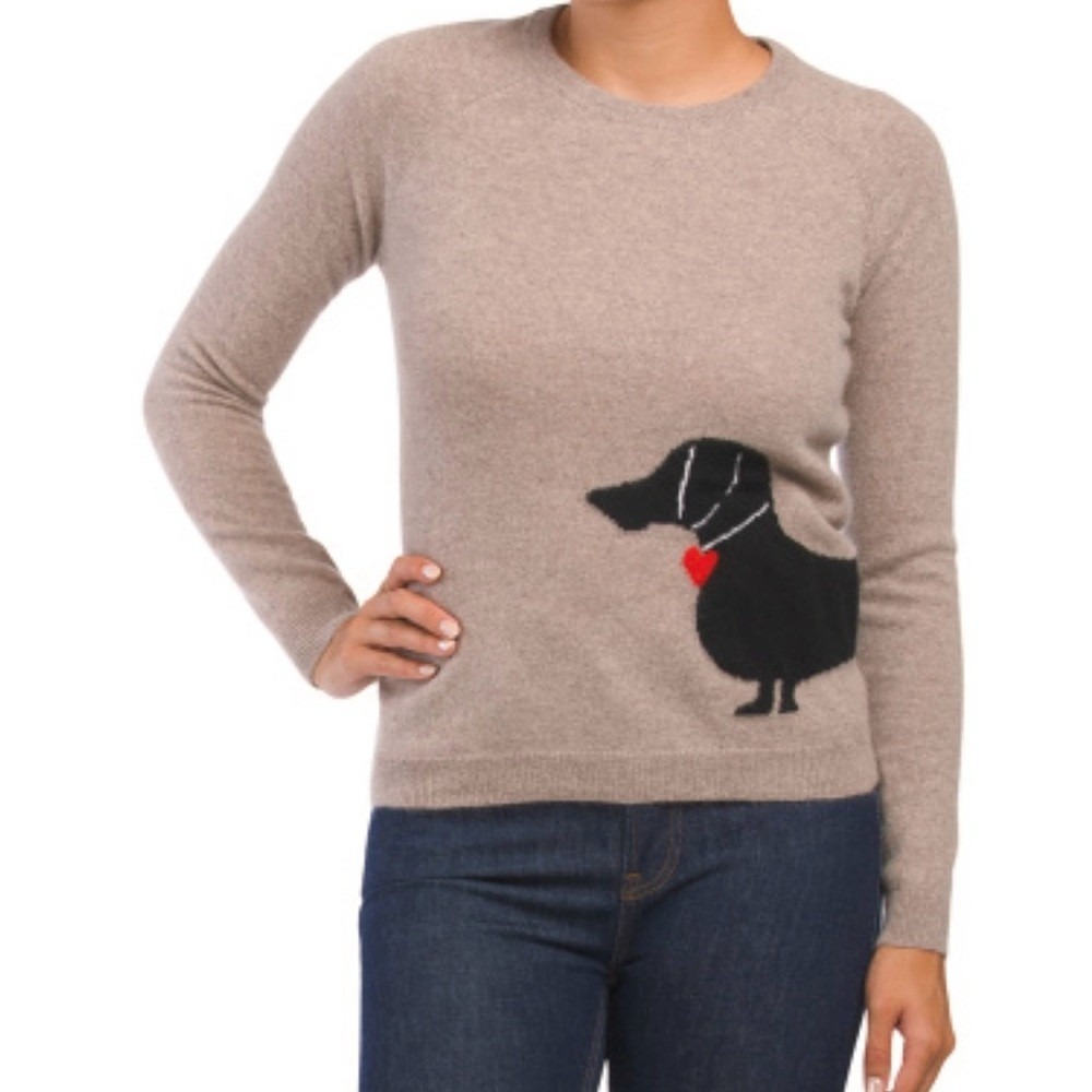 Philosophy Cashmere Sweater M Oatmeal Dachshund Dog Intarsia Heart Knit Pullover